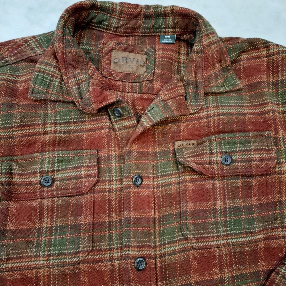 Orvis Flannel Shacket Shirt Mens Med Red Green Plaid LS Heavy Cotton Outdoor